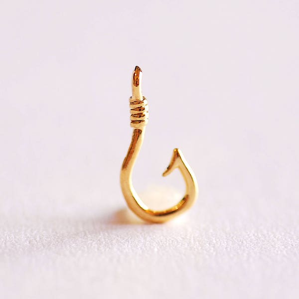 Shiny Gold Fish Hook Charm Pendant- Vermeil 22k Gold plated Sterling Silver, Fishing Hook, Nautical Charm, Fish Hook Connector, Anchor, 363