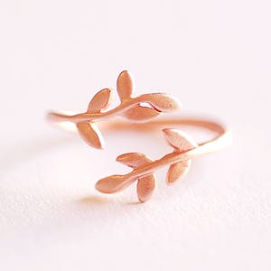 Matte Pink Rose Gold Leaf Branch Ring, Leaf Ring, Layering Ring, Vine Ring, Laurel Ring, Nature Jewelry, twig ring, branch ring, tree ring, image 1