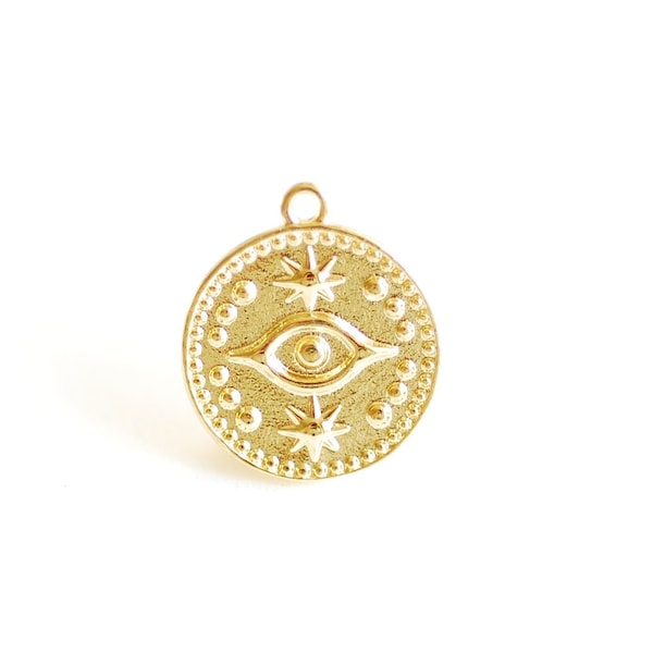 Evil Eye Circle Disc Charm- Vermeil 18k gold plated vermeil or sterling silver 17mm eye of Ra, Yoga Round Charm, Evil Eye Pendant, 479