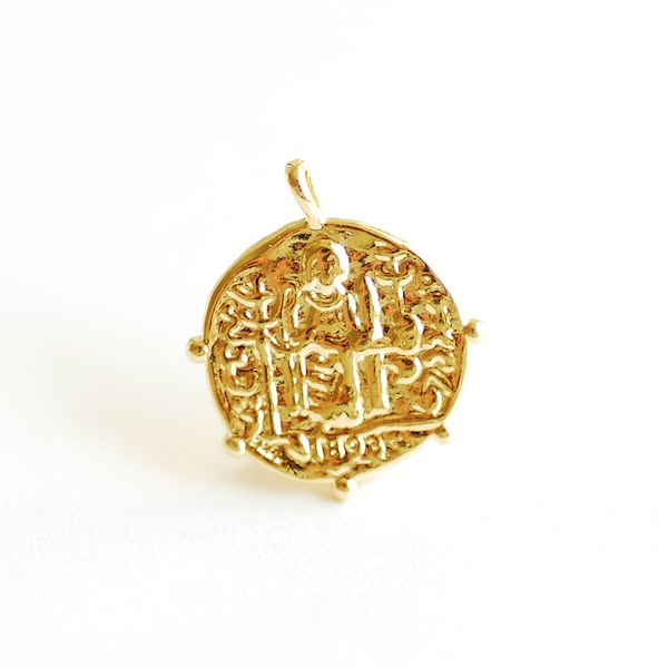 Large Medallion Pendant- Vermeil Gold 18k gold plated over 925 Sterling Silver, Greek Coin, Gold Medallion, Spanish Coin, Religious, 480