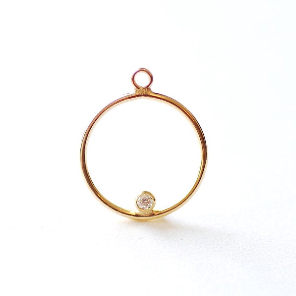 15mm Round Drop Charm with 2mm Cubic Zirconia Stone, 14k Gold Filled Open Ring, CZ Solitaire Pendant, Gold Filled Jump rings, Connector, 420