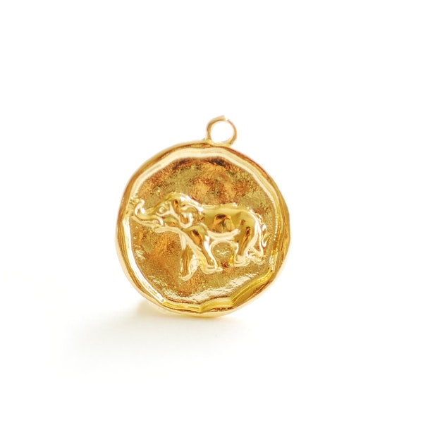 Vermeil Gold Round Elephant Pendant Charm- 18k gold plated over 925 Sterling Silver, Gold Elephant, Silver Elephant, Round Disc, Coin, 477