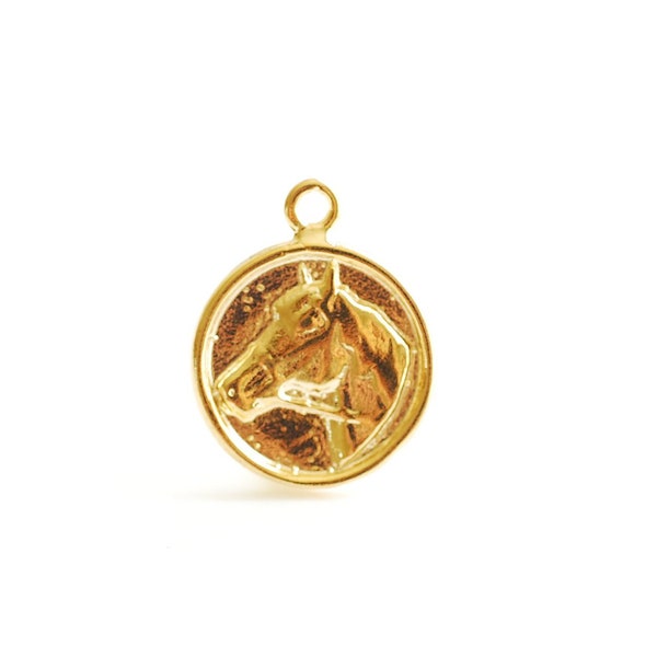 Round Horse Pendant Charm- Vermeil Gold 18k gold plated over 925 Sterling Silver, Gold Horse Charm, Round Disc, Horse Head, Medallion, 472