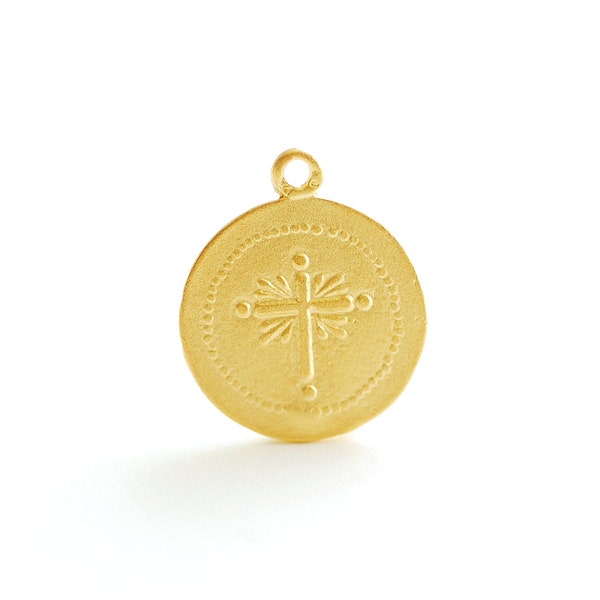 Round Cross Pendent- Vermeil Gold 18k Gold plated over 925 Sterling Silver, Religious Symbol, 18mm Disc, Christian Catholic Cross, 476