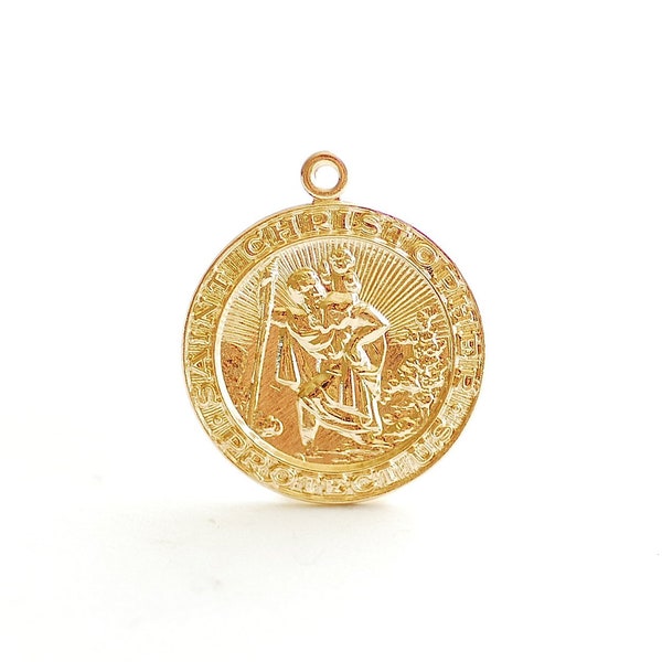 14k Gold Filled St Christopher Pendant- 22mm Round Disc Charm, Patron Saint Christopher Charm, Religious Charm, Catholic, Medallion, Coin