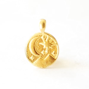 Vermeil Gold Or Sterling Silver Crescent Moon Night Sky Star Mountain Round Charm Starry Night Celestial Round Disc Pendant Wanderlust, 608