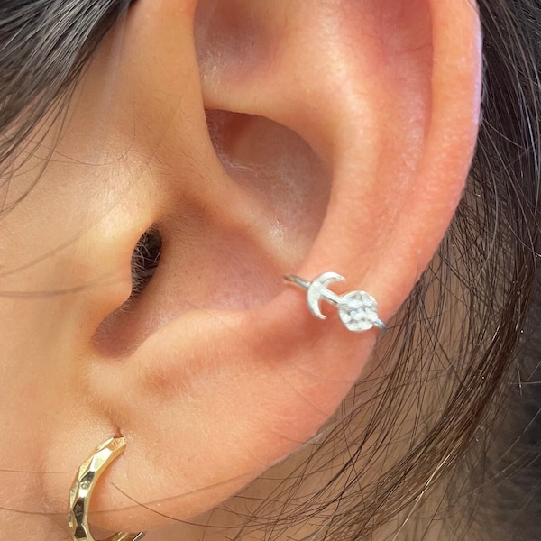 Sun and Moon Ear Cuff - 925 Sterling Silver or Vermeil 18k Gold Rose Gold Ear Wrap Non Pierced Hammered Ear Cuff Cartilage Clip on 567