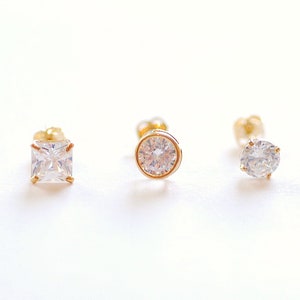 Solid 14k Yellow Gold Stud Earrings Yellow Gold White CZ Earrings, Round Solitaire Studs, Princess Cut Stud Earrings, 3mm Studs, 4mm Studs image 1