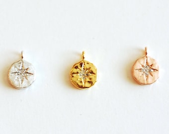 STARBURST Disc Pendant- Vermeil Gold plated 925 Sterling Silver, Rose Gold, CZ North Star Charm, Textured Disc, Polaris Pendant [CZCH02]