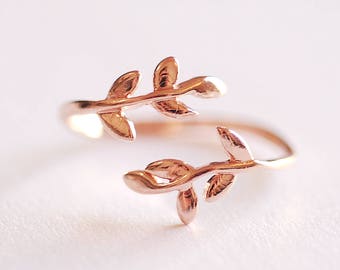 Shiny Pink Rose Gold Leaf Branch Ring, Leaf Ring, Layering Ring, Vine Ring, Laurel Ring, Nature Jewelry, twig ring, branch ring, tree ring,