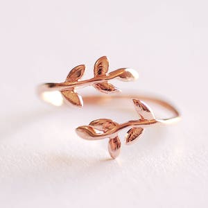 Shiny Pink Rose Gold Leaf Branch Ring, Leaf Ring, Layering Ring, Vine Ring, Laurel Ring, Nature Jewelry, twig ring, branch ring, tree ring, image 1