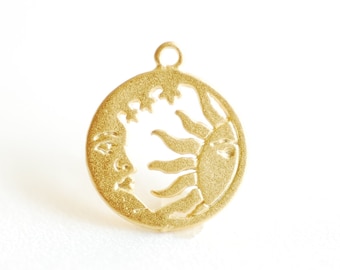 Round Sun and Moon Cut out Charm- Vermeil 18k Gold plated 925 Sterling Silver, 15mm, Sunshine Charm, Crescent Moon, Sun ray Charm, 469