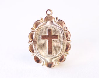 14k Gold Filled Scalloped Edge Oval Cross Pendant Charm - 21x16mm, Religious Charm, Catholic Pendant  14kGF Charm Gold Cross Charm [RELCH13]