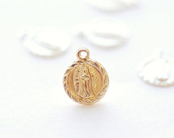 14k Gold Filled or Sterling Silver Small Round Our Lady of Guadalupe Charm Virgin Mary Circle Religious Catholic Jesus Rosary [RELCH]