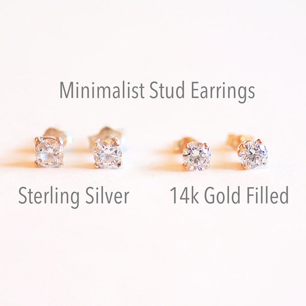 4MM Round Cz Stud Earring, 14k Gold Filled or 925 Sterling Silver cubic zirconia ear Studs, Solitaire Stud Earrings, Ear Post Stud Earrings