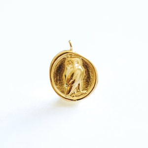 Round Owl Charm - 18k gold plated over 925 sterling silver, Athena Goddess Greek Owl Wisdom, Antique Coin, Greek Goddess Charm 493