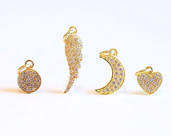 Vermeil Gold Crescent Moon CZ Pave Charm- Angel Wing, Round Circle, Heart, Cubic Zirconia Pave Charm, Pave Charms, attached Bail [CZCH10]