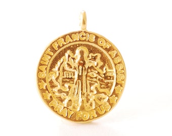 Colgante de San Francisco de Asís en oro vermeil o plata de ley, patrón de los animales, ruega por nosotros, moneda, medallón católico [582]