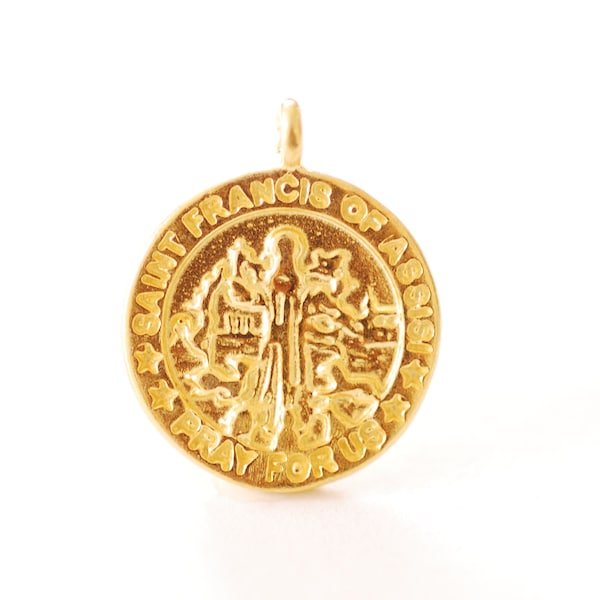 Saint St Francis Assisi Pendant Charm Vermeil gold or Sterling Silver Patron Saint for Animals Pray For Us Coin Medallion Catholic [J332]