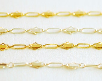Cadena de eslabones ovalados chapada en oro de 14 k: joyería permanente, cadena de barra plana chapada en oro, cadena por pie, cadena elegante [BAR-04-]