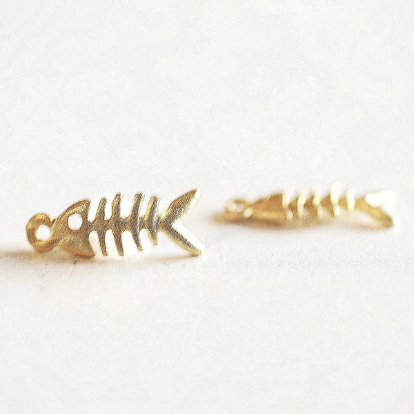 Matte Gold Fish Skeleton charm Pendant- 22k gold over Sterling Silver Sea life charm, Gold Fish, School of Fish, Beach Sea Ocean Charm, 299