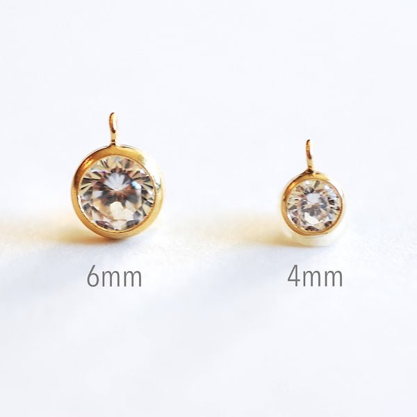 14k Gold Filled Cubic Zirconia Bezel Drop With Perpendicular Ring, 14kgf cz stone, gold bezel drop, White Gemstone, CZ Charm, 4mm Clear CZ