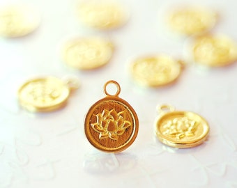 Small Lotus Disc Charm Pendant Vermeil 18k gold plated 925 Sterling Silver Lotus Flower Yoga Zen Buddha Meditation Floral Round Disc [ 628 ]