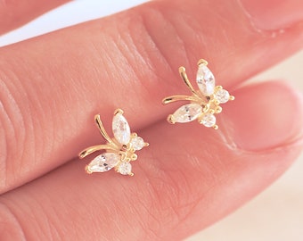 1 pair or Single Stud Gold Butterfly Stud Earrings - Vermeil Gold 925 Sterling Silver CZ Butterfly Stud earrings ball Backing Minimalist