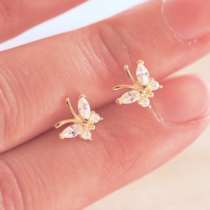 1 pair or Single Stud Gold Butterfly Stud Earrings - Vermeil Gold 925 Sterling Silver CZ Butterfly Stud earrings ball Backing Minimalist