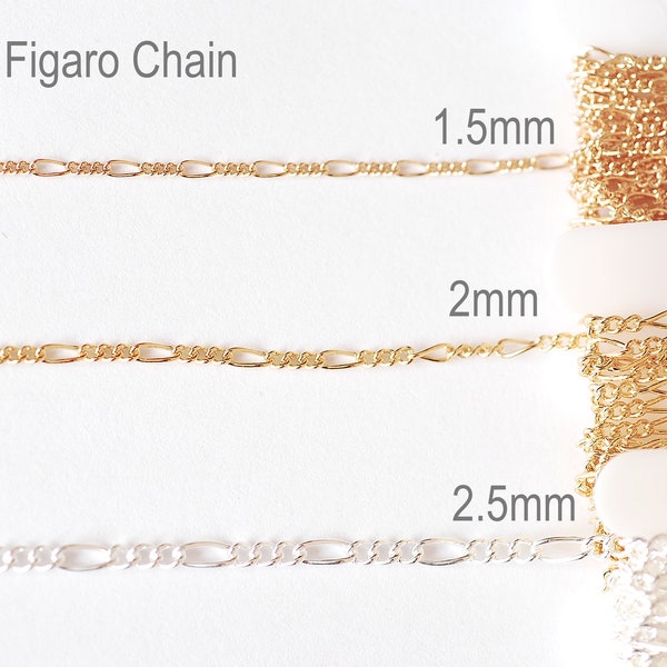 14k Gold Filled 1.5 or 2mm Width Figaro Chain - Chain by foot Unfinished Chain Bulk Wholesale 3 + 1 Links Figaro Sterling Silver 14GF