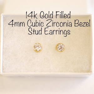 Gold Filled 4mm Cubic Zirconia White Round Bezel Solitaire Post Earrings Gold Filled CZ Stud Earrings Dainty Circle Studs [Earrings09]