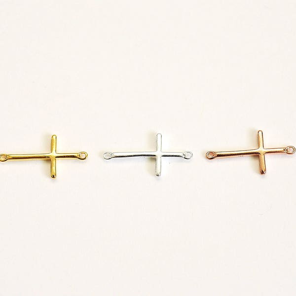 Vermeil Gold Cross Connector Charm- 22k Gold plated over sterling Silver, Rose Gold Cross, Spacer, Link, sideways horizontal cross, E48