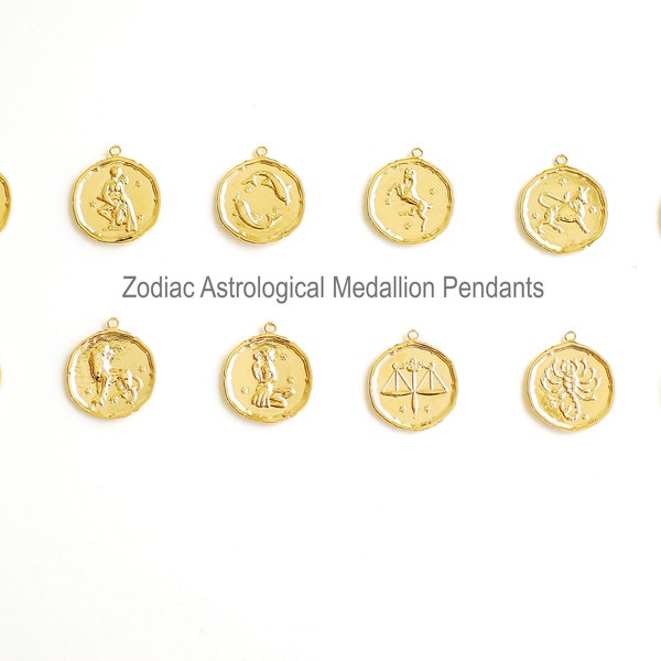 Round Zodiac Pendant Vermeil Gold 22k Gold plated 925 Sterling Silver, Zodiac Coin Charm, Constellation Charm, Astrological Sign [457-468]