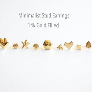 Boucles d’oreilles remplies d’or 14 carats, boucles d’oreilles en or, cœur, croissant de lune, étoile, cercle, croix, flèche, chevron, éclair, triangle, clous