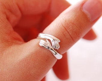 Sterling Silver or Gold Hand Hugging Ring Embrace Ring Adjustable Ring Statement Ring Hand Hug Ring Love Ring Ring for Him or Her