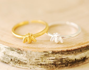 Sterling Silver or 18k Gold BEE Ring - Gold Honeybee Adjustable Ring Tiny BEE Ring Stacking Ring Midi Ring Everyday Ring BEE Jewelry [A108]
