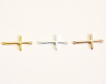18k Gold Cross Connector Charm: Sterling Silver, Rose Gold, Horizontal Link (19x9mm) Permanent Jewelry Religious Vermeil [ 611 ]