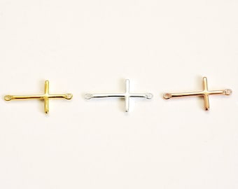 Vermeil Gold Cross Connector Charm- 22k Gold plated over sterling Silver, Rose Gold Cross, Spacer, Link, sideways horizontal cross, E48