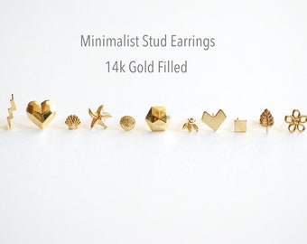 14k Gold Filled Ohrstecker, Gold Fill Ohrringe, Herz, Halbmond, Stern, Kreis, Kreuz, Pfeil, Chevron, Blitz, Dreieck, Ohrstecker