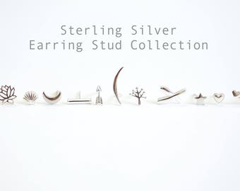 1 pair Sterling Silver Post Stud Earrings, Crescent Moon, Heart, Star, Ear Crawler, Bar, Arrow, Shell, Leaflet, Lotus Flower,Tree of Life