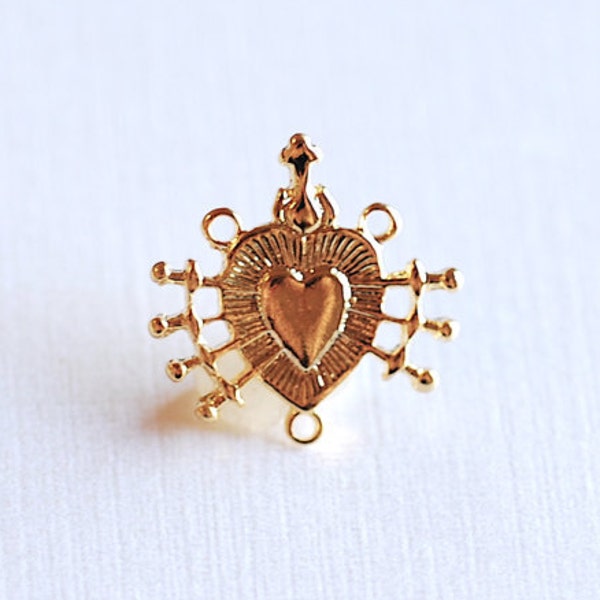 Shiny Vermeil Gold Holy Immaculate Heart Connector Charm- 18k gold plated over 925 silver Religious Rosary Pendant, Heart Rosary Spacer, 214