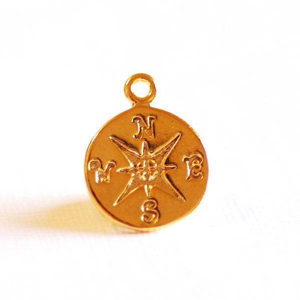 Shiny Vermeil Gold Compass Charm- 18k gold Compass Gold Round Disc Charm, True North Charm, Gold North East South West Compass, 301