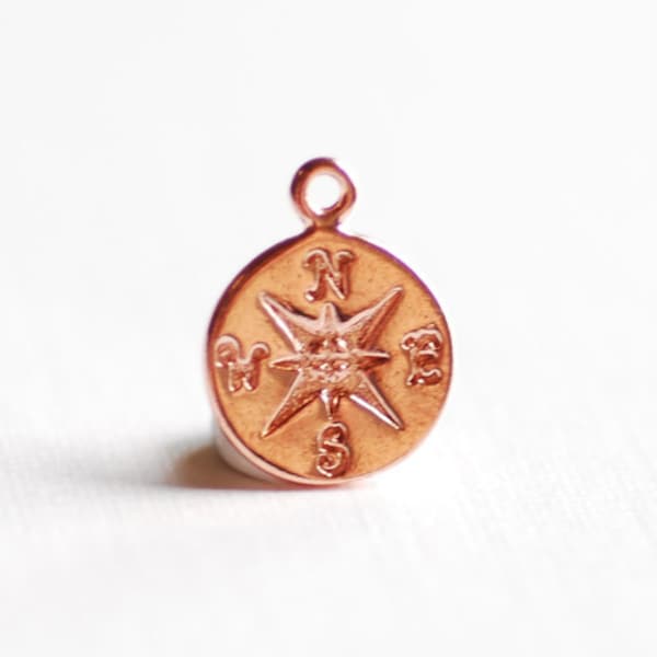 Pink Rose Gold Vermeil Compass Charm- 18k gold plated Round Disc Compass Charm, True North Charm, Pink North East South West Compass, 301