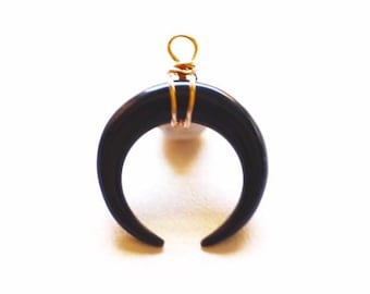 Black Double Horn Crescent Moon Charm Pendant- Hand carved Buffalo Horn, One hole drilled, Crescent Moon Charm, wholesale jewelry supplies