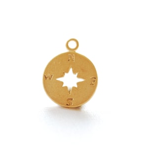 Matte Vermeil Gold Small Compass Charm- 18k gold plated over Sterling Silver Compass, Vermeil Gold Disc Charm, True North Charm, 247
