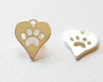 2 pcs Sterling Silver Heart Dog Cat Paw Charm- 925 Paw cut out charm, animal paw, silver dog paw charm pendant, dog foot print, 258