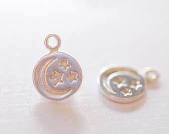 Sterling Silver Moon and Stars Disc Charm- 925 Silver Moon Star Charm Pendant, Silver Flat Disc, Crescent Moon, Star, Night sky disc, 251