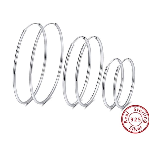 1 pair 925 Sterling Silver Endless Hoop earrings 40mm, 45mm, 50mm Hoops, Large Silver Hoop Earrings, Sterling Silver Hoop earrings