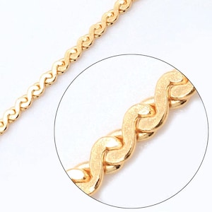 May include: A gold-colored chain with a repeating wave-like pattern. The chain is displayed against a white background, with a close-up view in a circular inset. The chain's design is visible in detail.