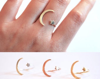 Moon and Star Ring- 925 Sterling Silver Adjustable Ring, Crescent Moon & Star Ring, Dainty Ring, Stacking Ring, Everyday Ring, Minimal Ring